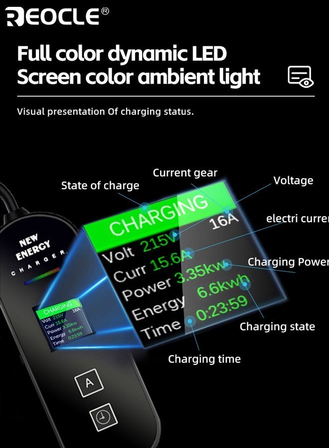 REOCLE Premium Plug-In Electric Vehicle Charger Multi-Functional Smart Charging Device with Wide Regional Socket Compatibility Intuitive Color Display & Convenient Storage Design - Image 3